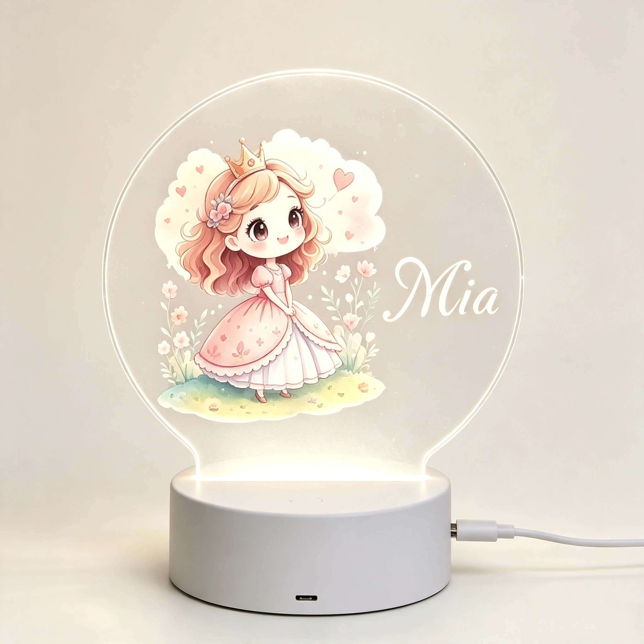Baby Nursery Night Light - かわいい王冠のリトルプリンセス 花柄ラウンドアクリルナイトライト ベビーガール 保育園装飾 LEDランプ