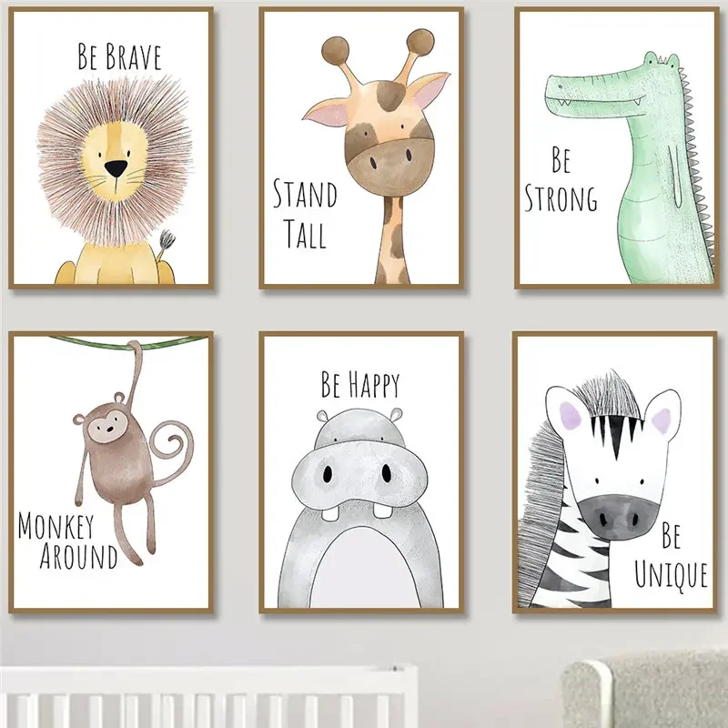 Baby Nursery Quotes - 保育園用ウォールアート かわいい漫画の動物ポスター 感動的な引用句付き キリン ライオン Be