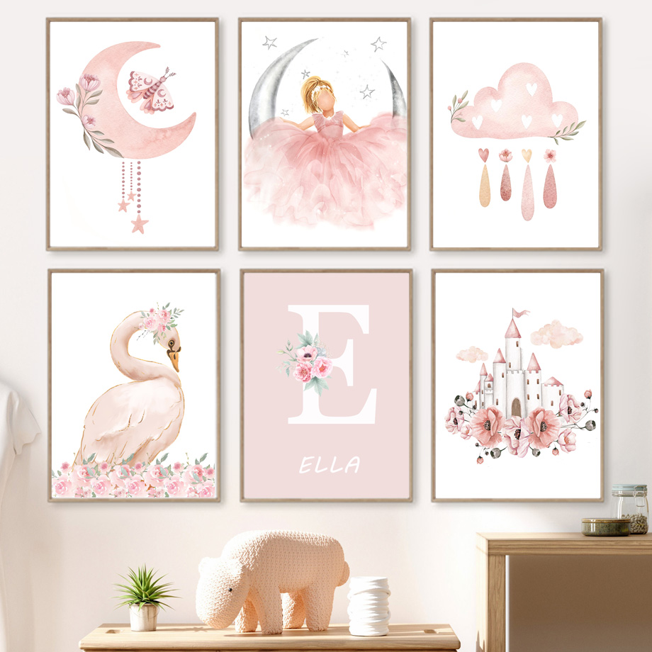 Baby Nursery Decor Girl - ピンクの天使の女の子日月雲白鳥城壁アート保育園キャンバス絵画北欧ポスタープリント写真ベビーキッズルームの装飾