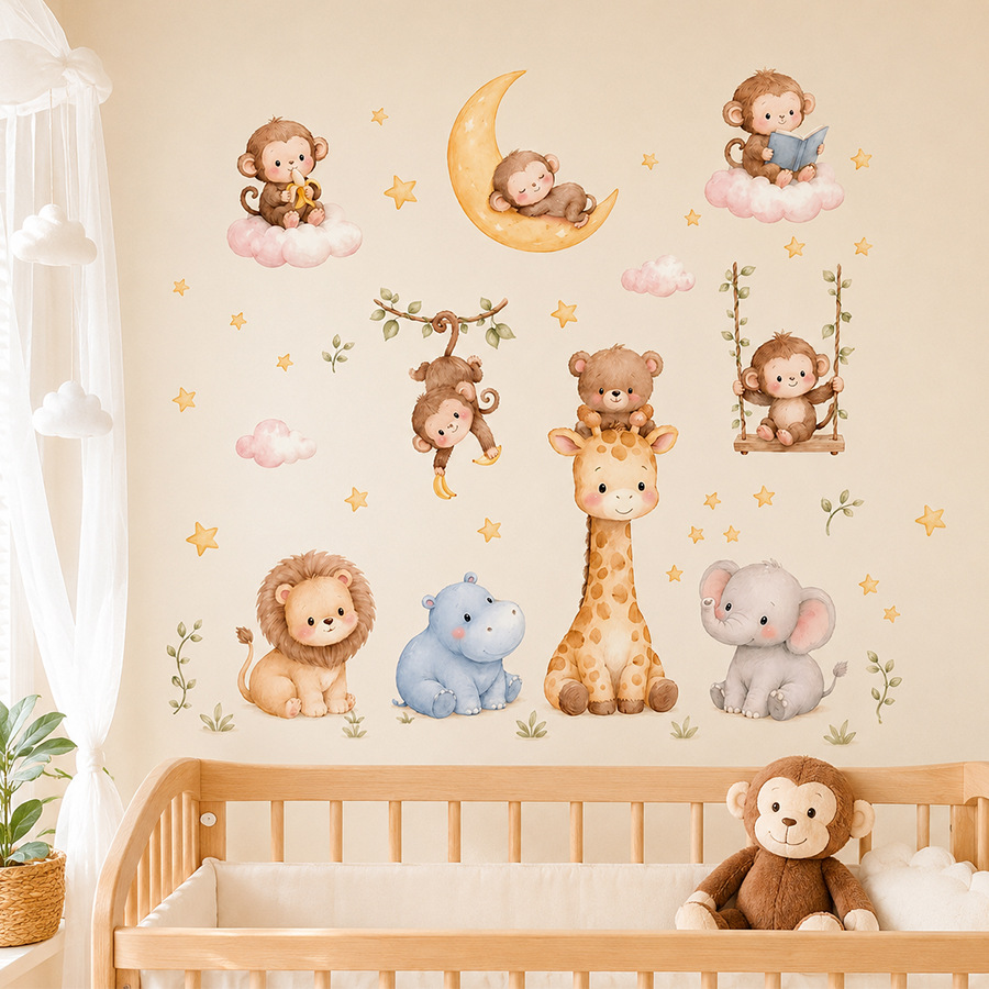 Baby Nursery Jungle Wallpaper - ジャングル動物ウォールステッカー子供用男の子女の子ベビールーム装飾保育園壁紙猿キリン象クマライオン