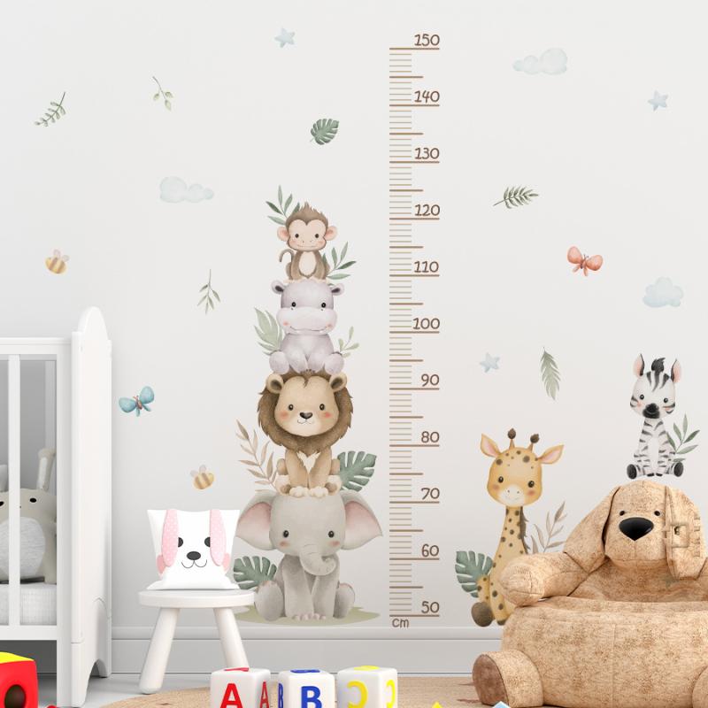 Baby Nursery Jungle Wallpaper - 子供の成長チャートステッカー ジャングルアニマル身長計 取り外し可能な壁用デカール 保育園の部屋 赤ちゃん 子供向け