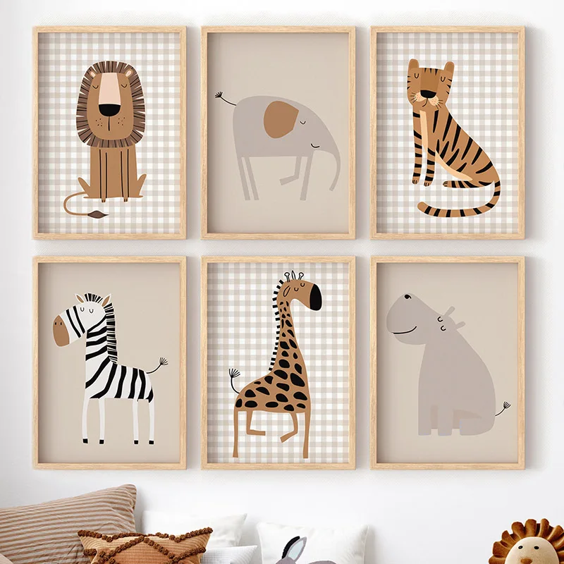 Baby Nursery Frames - (フレームなし)ライオン、トラ、ゾウ、キリン、ジャングル、動物、保育園、ウォールアート、キャンバス絵画、ポスターとプリント、壁の絵、ベビーキ