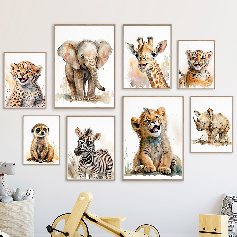 Baby Zebra Nursery - 象、キリン、ライオン、虎、シマウマ、保育園、動物、壁アート、キャンバス絵画、北欧ポスターとプリント、写真、ベビー、子供部屋の装飾