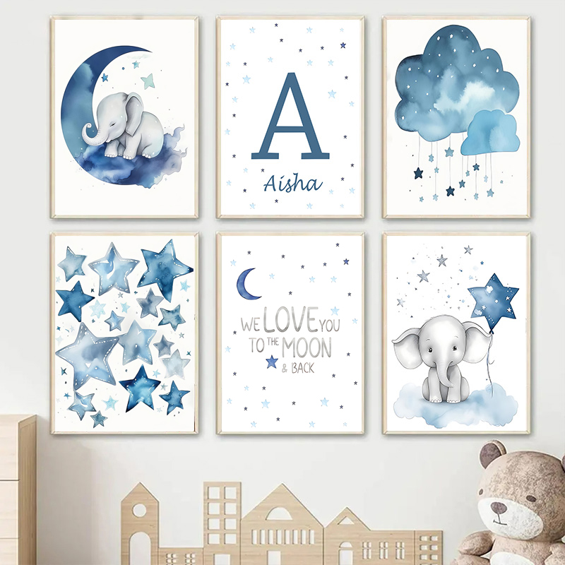 Baby Nursery Images - 子供部屋の装飾のための月と星のパーソナライズされた壁の芸術のポスター、かわいい象と動物のデザインのキャンバスに動物の絵