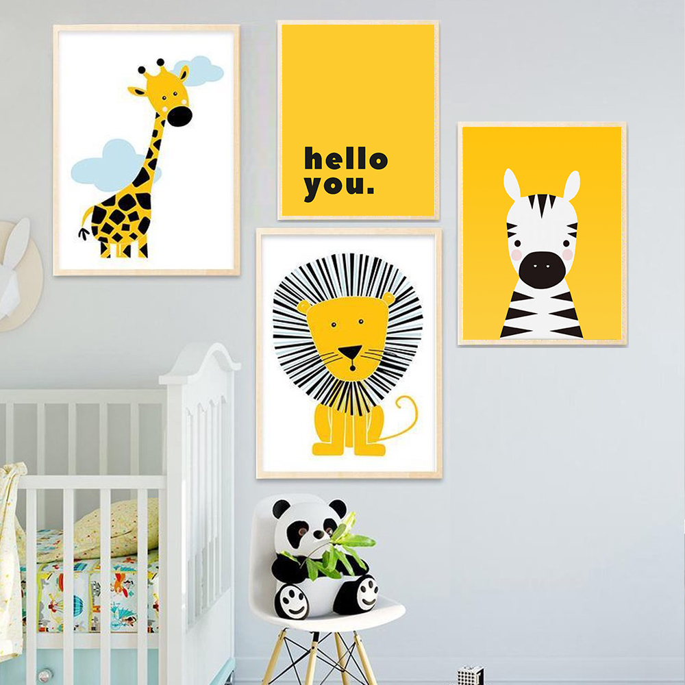 Baby Nursery Yellow Walls - 漫画の動物ポスター黄色ライオンキリン保育園キャンバス絵画壁の芸術の写真ベビールームの装飾かわいいルームのインテリア