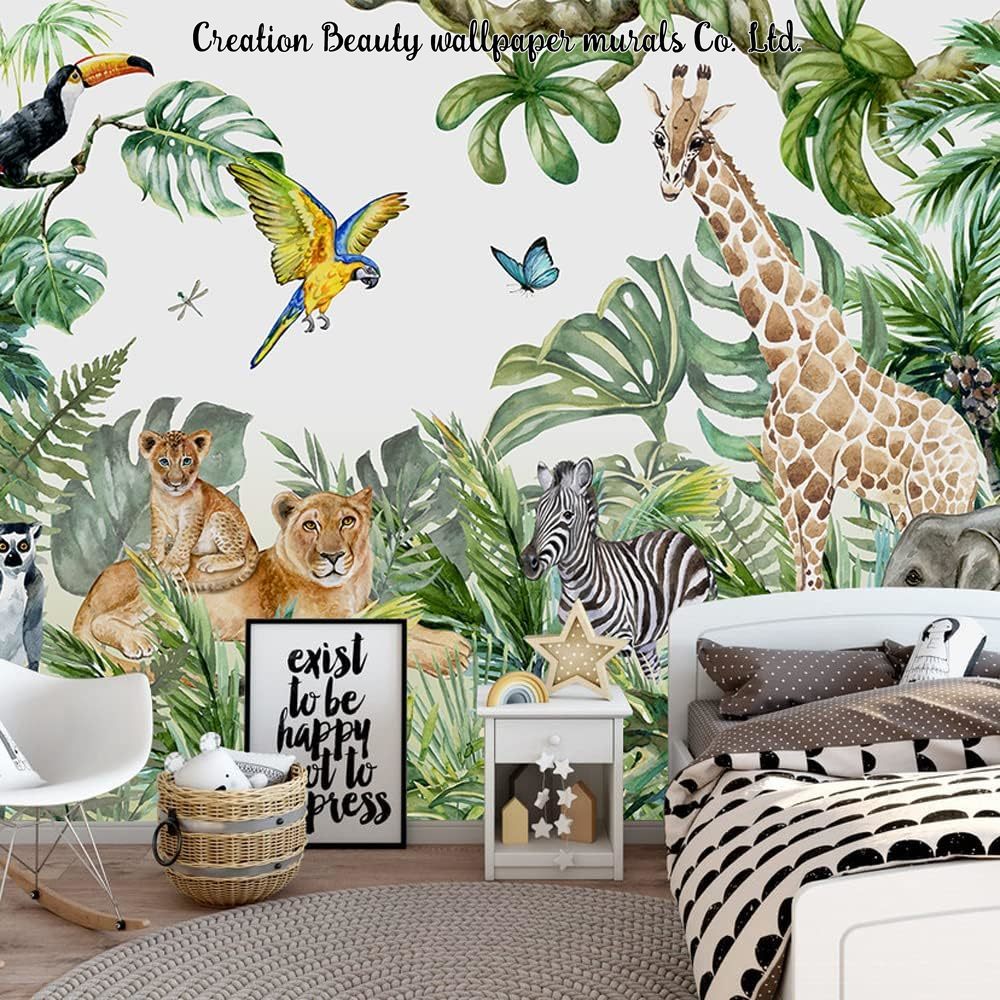 Baby Nursery Jungle Wallpaper - 水彩動物ジャングル壁紙子供の寝室ベビールーム壁壁画保育園壁紙キッズルーム装飾パペルタピス
