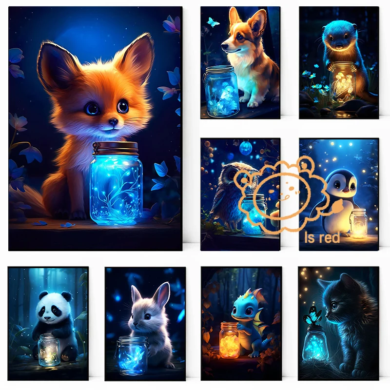 Baby Nursery Images - 動物のかわいいポスター,キツネ、フクロウ、発光、otter、glow、キャンバスの印刷、家、壁の装飾、フレームなし
