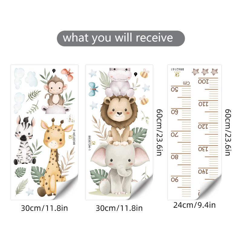 Baby Nursery Jungle Wallpaper - 子供の成長チャートステッカー ジャングルアニマル身長計 取り外し可能な壁用デカール 保育園の部屋 赤ちゃん 子供向け