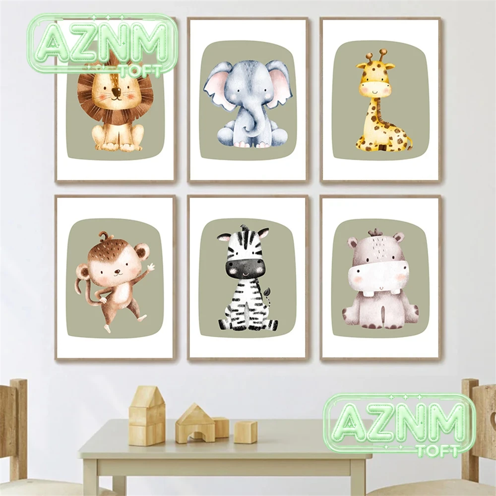 Baby Zebra Nursery - かわいい猿、シマウマ、キリン、ライオンのキャンバスプリント、漫画風グリーンポスター、子供部屋のウォールアート、北欧風絵画、ベビーキッズルームの装飾