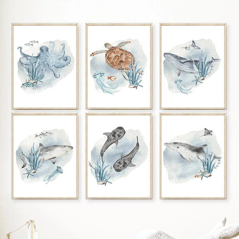 Baby Nursery Images - 子供の部屋の装飾のためのポスターとプリント、クジラ、魚、サメ、タコ、カメ、海の動物、壁の芸術のキャンバス、赤ちゃんの絵