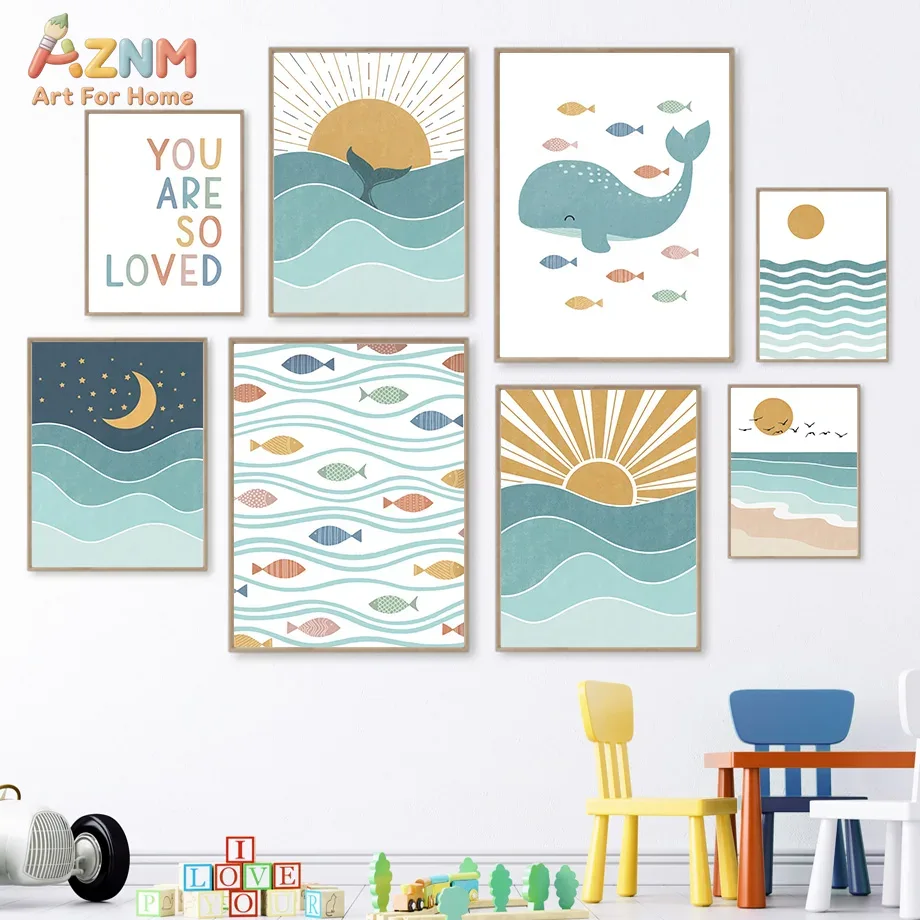 Baby Nursery Girl - AZNM ボヘミアンオーシャンキャンバスウォールアート キュートなクジラ、魚、波、太陽、月、あなたはとても愛されていますプリント、額なしキャンバス絵画、ニュートラルなベビー向けN