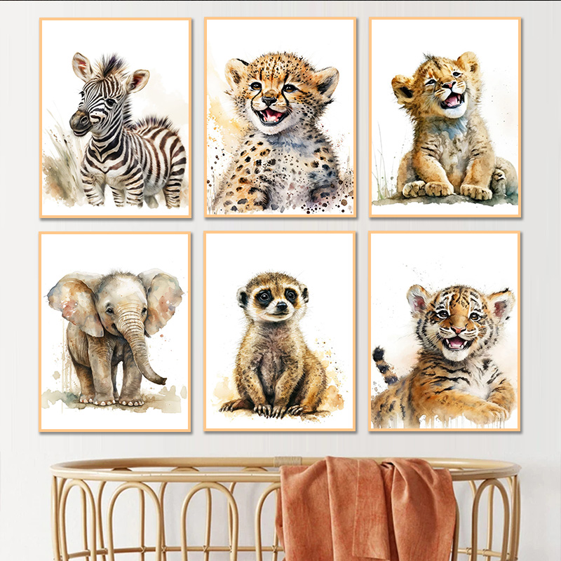 Baby Zebra Nursery - 水彩動物赤ちゃんチーターキリン象ミーアキャットゼブラタイガー HD ポスターキャンバス絵画子供保育園家の装飾フレームル