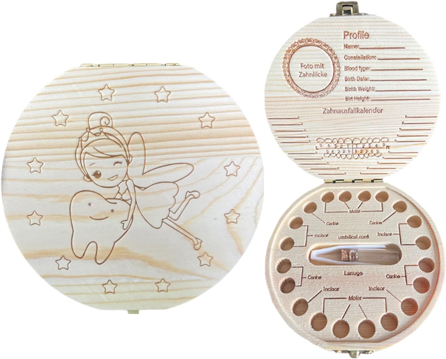 Baby Keepsake Box - 木製乳歯保管箱 - 妖精デザインの赤ちゃんの思い出保管キット（女の子と男の子向け）