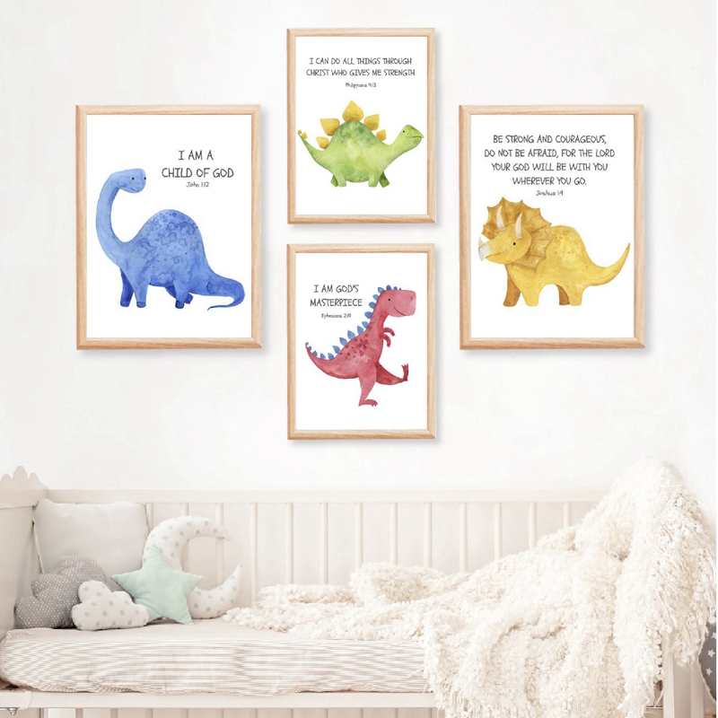 Baby Nursery Quotes - 子供の聖書詩引用プリント恐竜水彩保育園壁アートの写真キャンバス絵画経典ポスターベビーシャワーのギフト
