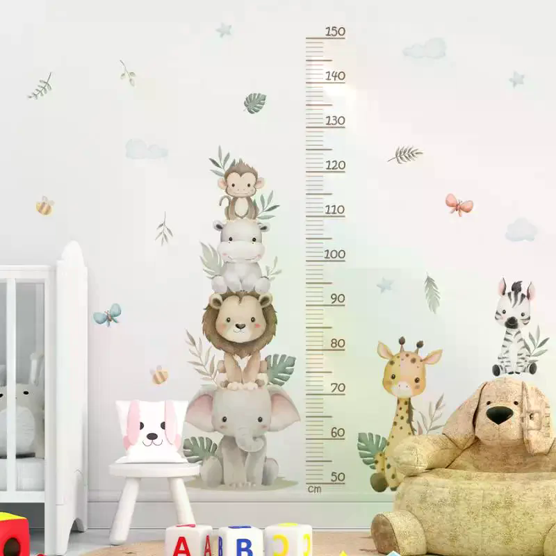Baby Nursery Jungle Wallpaper - 子供の成長チャートステッカー ジャングルアニマル身長計 取り外し可能な壁用デカール 保育園の部屋 赤ちゃん 子供向け