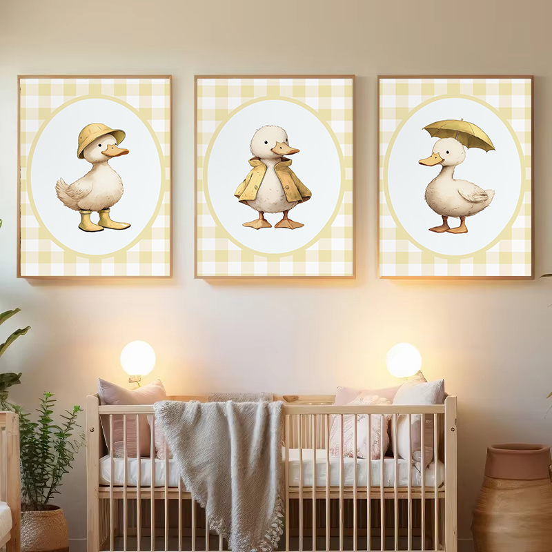 Baby Nursery Yellow Walls - 愚かな保育園の小さなアヒル黄色のギンガムチェック柄ファームベビーアニマルポスターキャンバス絵画壁の絵家の保育室の装飾クアドロス