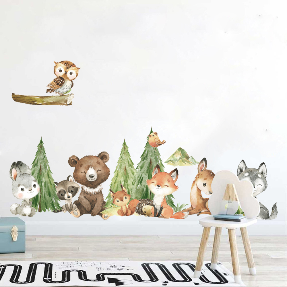 Baby Nursery Package - 子供部屋用の水彩画の森の動物のウォールステッカー,赤ちゃんの保育園の装飾,松の木,鳥,鹿,ウサギ,クマ,ステッカー