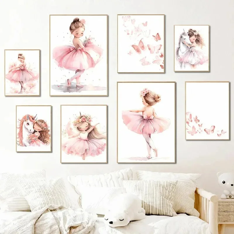 Baby Nursery Frames - ピンクのバレリーナガールユニコーン蝶ポスター子供部屋装飾キャンバスポスター保育園壁アートポスターベビーベッドルーム