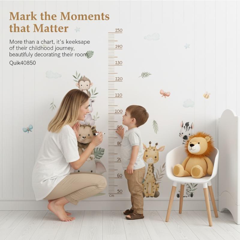 Baby Nursery Jungle Wallpaper - 子供の成長チャートステッカー ジャングル動物身長計 取り外し可能な壁用デカール 保育園の部屋 赤ちゃん子供用