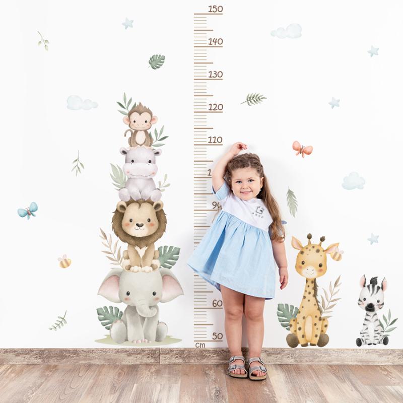 Baby Nursery Jungle Wallpaper - 子供の成長チャートステッカー ジャングル動物身長計 取り外し可能な壁用デカール 保育園の部屋 赤ちゃん 子供用