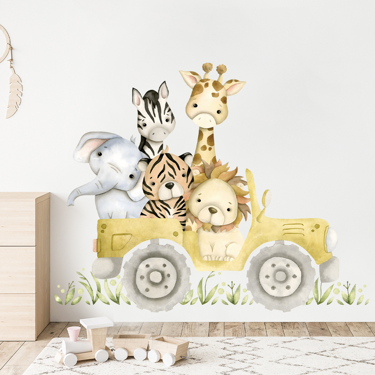 Baby Zebra Nursery - かわいい動物の漫画の壁のステッカー,ジープ,ライオン,象,キリン,シマウマ,虎,赤ちゃんのためのステッカー,子供部屋,保育園の壁の装飾