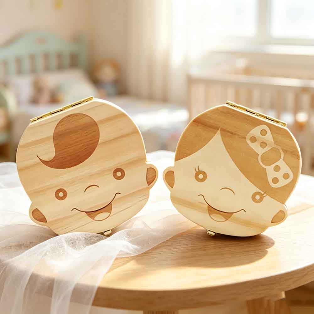 Baby Keepsake Box - 赤ちゃんの記念品ギフト、思い出の保管庫、乳歯ケース、スペイン語/オランダ語/フランス語/ドイツ語の木製子供用乳歯オーガナイザー