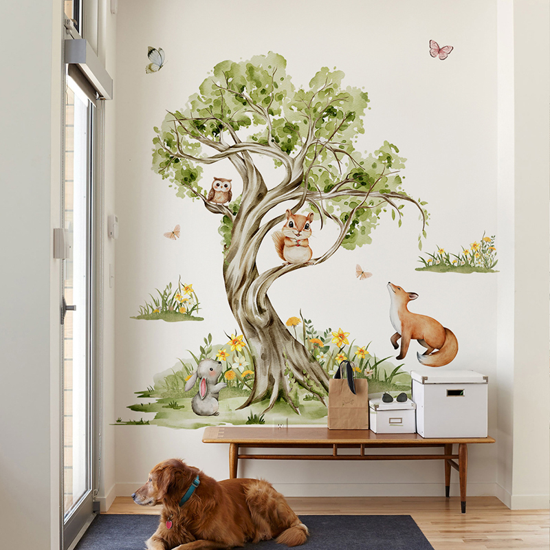 Baby Nursery Jungle Wallpaper - 水彩画の森 大きな木 動物 ウォールステッカー ビニール ジャングル