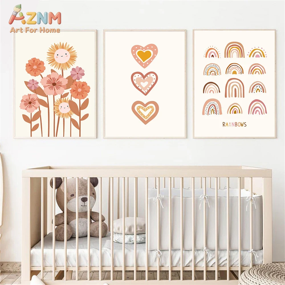 Baby Nursery Prints - AZNM ボヘミアンスタイルのかわいいひまわりハートレインボーキャンバスウォールアート、温かみのあるテラコッタ漫画風花柄フレームレスプリント、赤ちゃんの保育園や子供部屋用