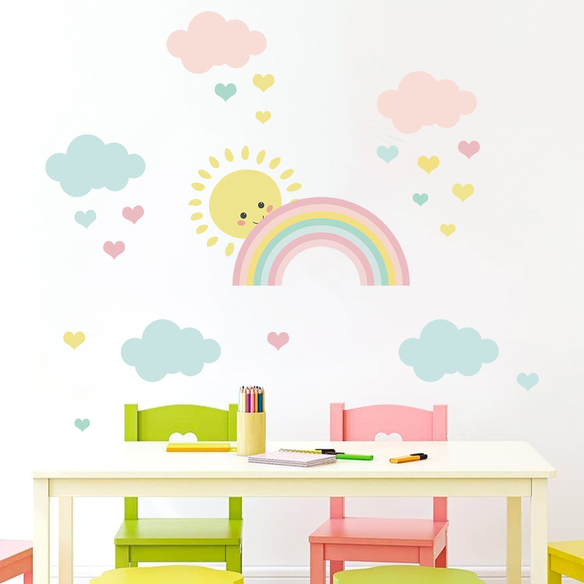 Baby Nursery Decor Girl - 漫画太陽虹雲壁デカール保育園女の子男の子寝室の装飾アートステッカー壁画ポスターベビールーム家の装飾