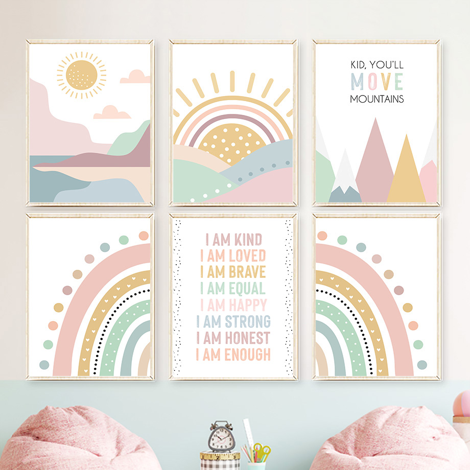 Baby Nursery Quotes - ピンクマウンテンサンレインボー引用句、ボヘミアン保育園北欧ポスター、ウォールアートキャンバス絵画、赤ちゃんや子供部屋に最適