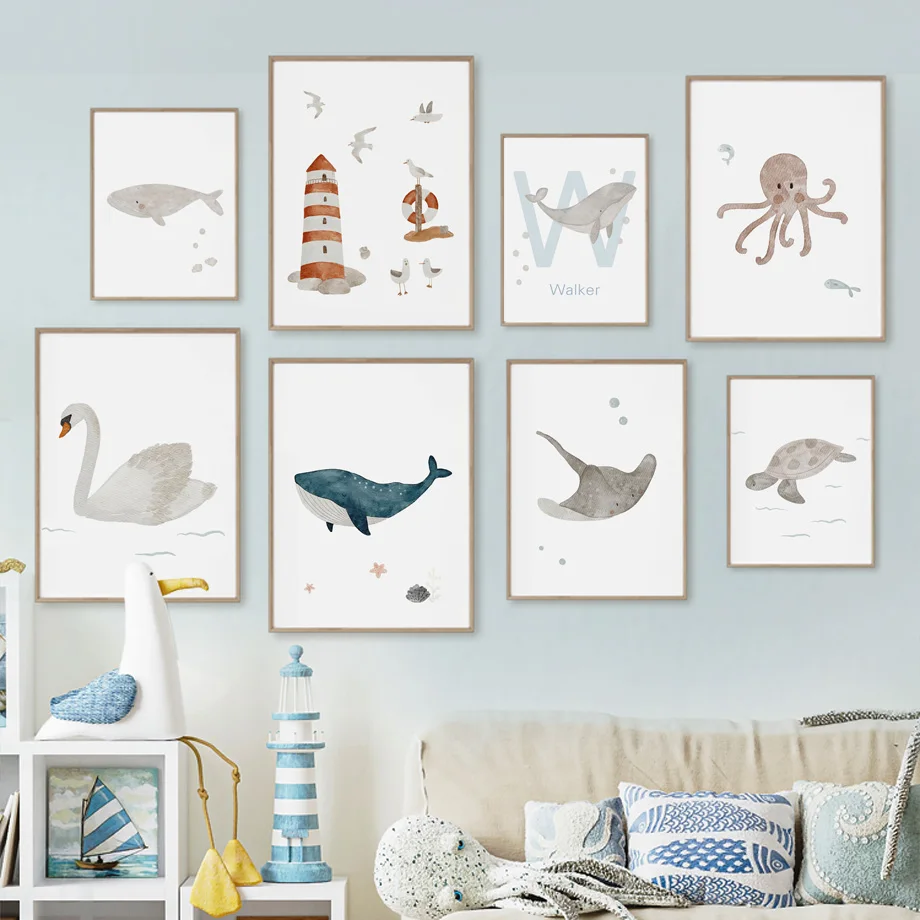 Baby Nursery Kids - クジラ、タコ、カメ、白鳥、海の動物、子供部屋のウォールアート、キャンバス絵画、ポスターとプリント、写真、赤ちゃん子供部屋の装飾