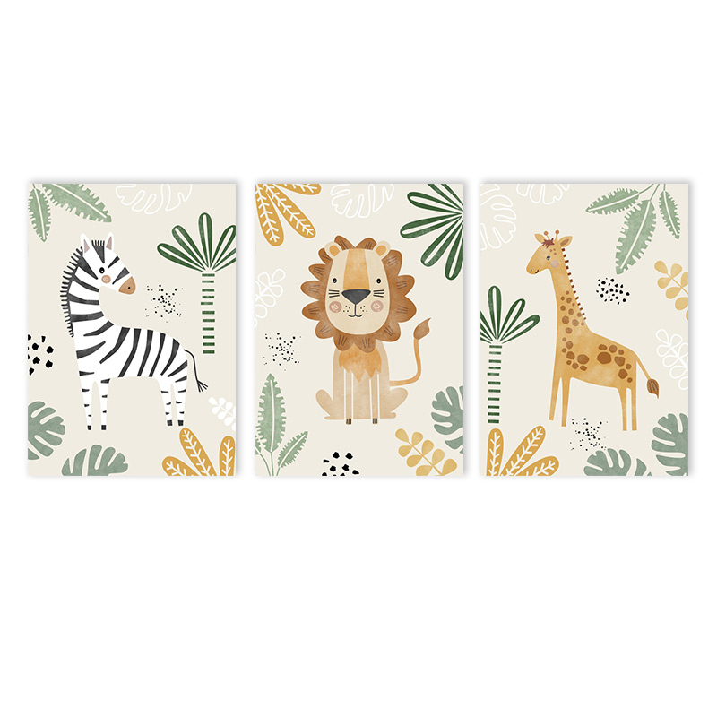 Baby Zebra Nursery - （フレームなし3枚組）-かわいいライオンのキャンバス絵画、ジャングルの動物ウォールアートプリント、キリン、シマウマ、子供部屋ポスター、北欧風ウォールピクチャーベビー