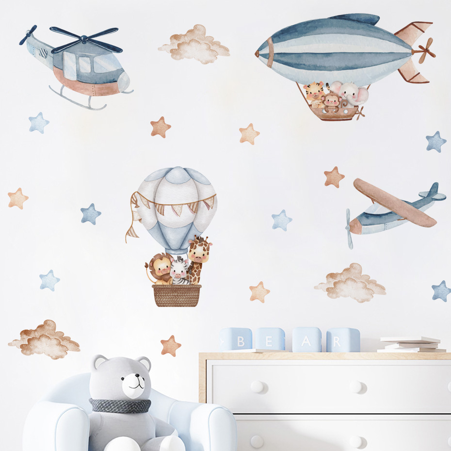 Baby Nursery Package - 水彩動物熱気球雲ウォールステッカーキッズルームベビー保育園ルームウォールステッカー男の子ルームステッカーウォールステッカー