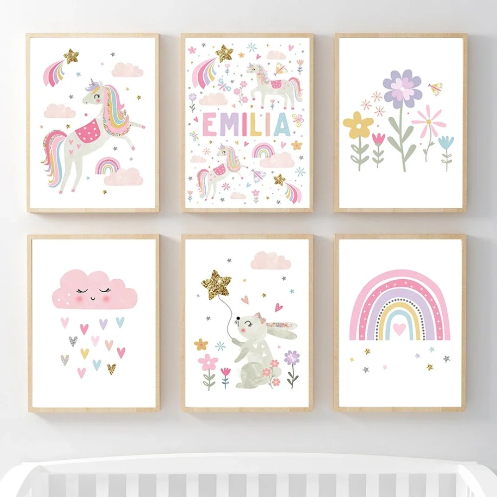 Baby Nursery Decor Girl - ピンクのユニコーンウサギ虹雲花保育園壁アートキャンバス絵画ポスターとプリント壁の写真ベビーキッズルーム装飾