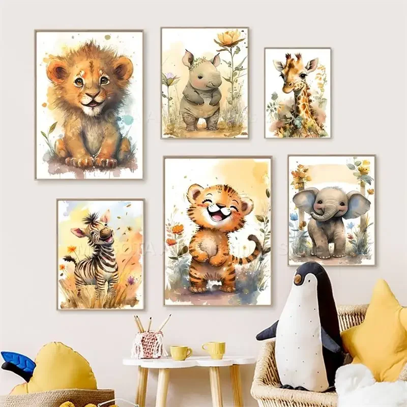 Baby Zebra Nursery - 水彩ライオンキリン虎象シマウマ保育園壁アートキャンバス絵画動物ポスタープリント写真ベビーキッズルームの装飾