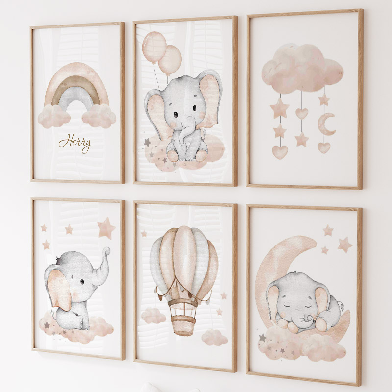 Baby Nursery Kids - かわいい象熱気球ムーン虹雲保育園壁アートキャンバス絵画ポスターやプリント写真ベビーキッズルームの装飾