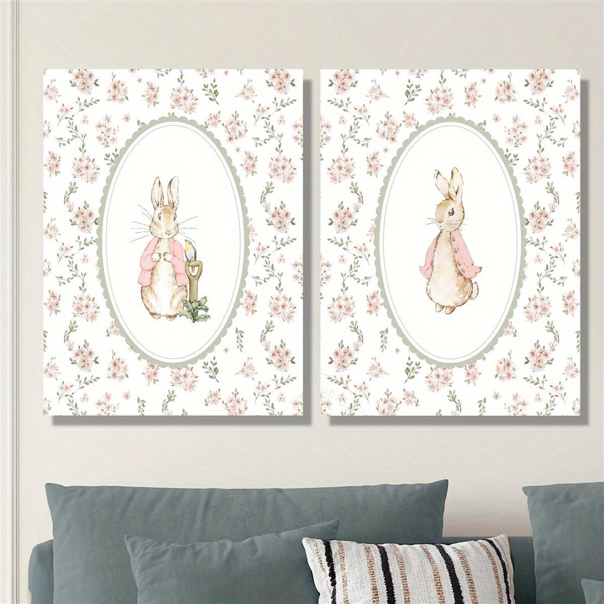 Baby Nursery Decor Girl - 2枚セット レトロなイースターラビットキャンバスプリントアート、額なしの花柄ガールズ保育園ウォールアート、ヴィンテージラビット保育園プリント、家の装飾用