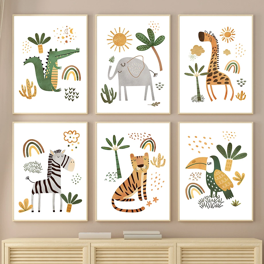 Baby Zebra Nursery - キリン象虎シマウマオオハシジャングル動物壁アートキャンバス絵画保育園ポスターやプリント写真キッズルームの装飾
