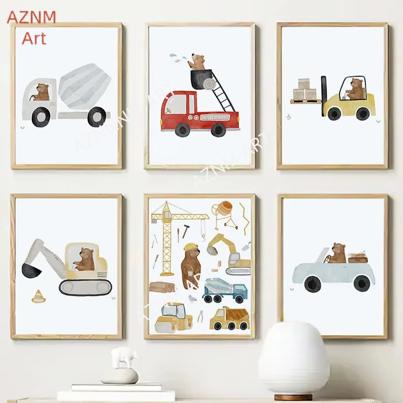 Baby Nursery Prints - かわいいボヘミアン風クレーン、ショベルカー、トラクター、トラックの保育園ポスターとプリント、キャンバス絵画、ウォールアート、ベビーキッズルームの装飾