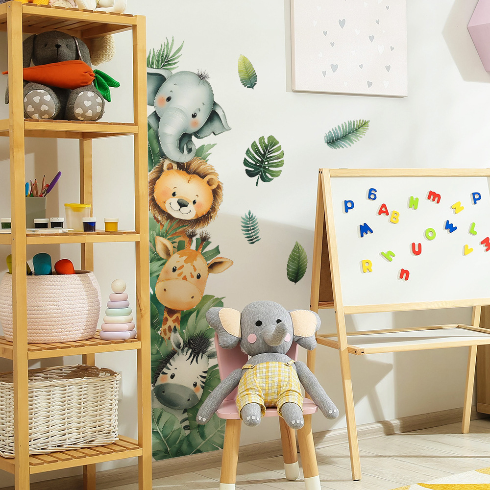 Baby Nursery Jungle Wallpaper - ジャングル動物象キリン壁ドアステッカー自己粘着子供部屋ベビールーム保育園壁装飾野生動物壁紙