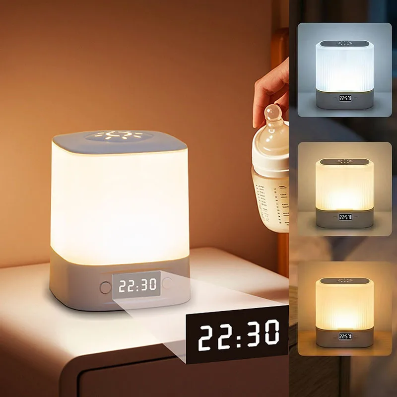 Baby Nursery Night Light - LEDナイトライトベッドサイドランプ、タッチリモコン付きポータブルベビーキッズナイトライト（時計付き）、3色調光可能、タイマーテーブルランプ