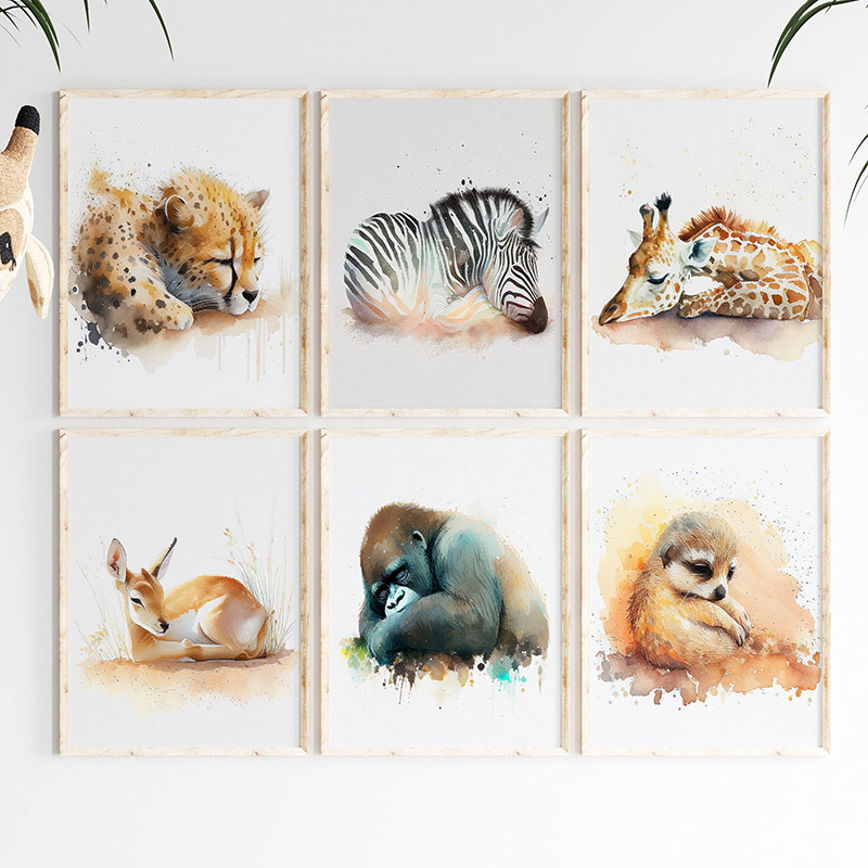 Baby Zebra Nursery - 水彩画スリーピングサファリ動物ウォールアートポスターチーター、シマウマ、キリン、ガゼル、キツネのポスター保育園子供部屋ベビールーム装飾