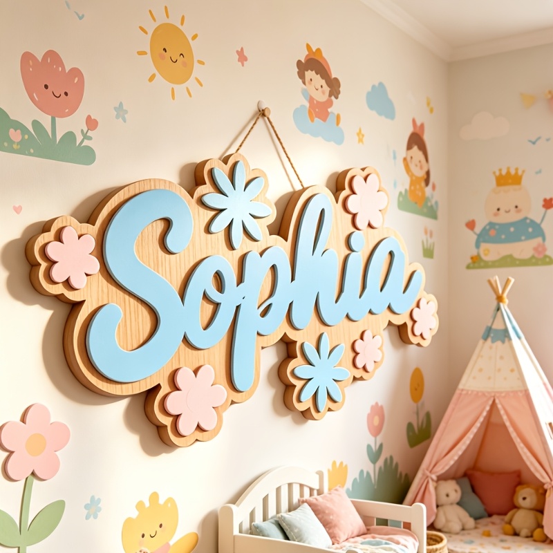 Baby Nursery Sign - パーソナライズされた花柄の名前入りルームサイン、カスタマイズ可能なパステルカラーの花柄ドア飾り、保育園や寝室の装飾、素敵な吊り下げ式ギフト