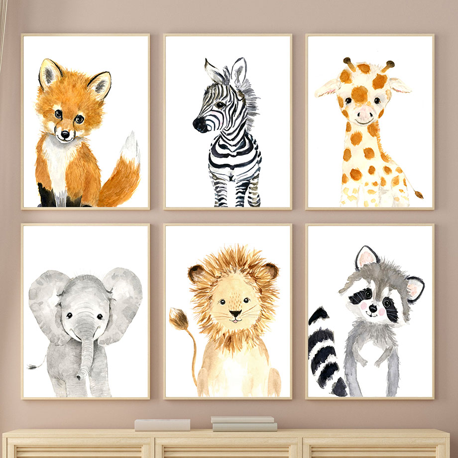 Baby Zebra Nursery - ボヘミアンスタイルのアライグマ、ゾウ、ライオン、キツネ、シマウマ、キリンの保育園ポスター、北欧風ウォールアートプリント、キャンバス絵画、赤ちゃん子供部屋装飾