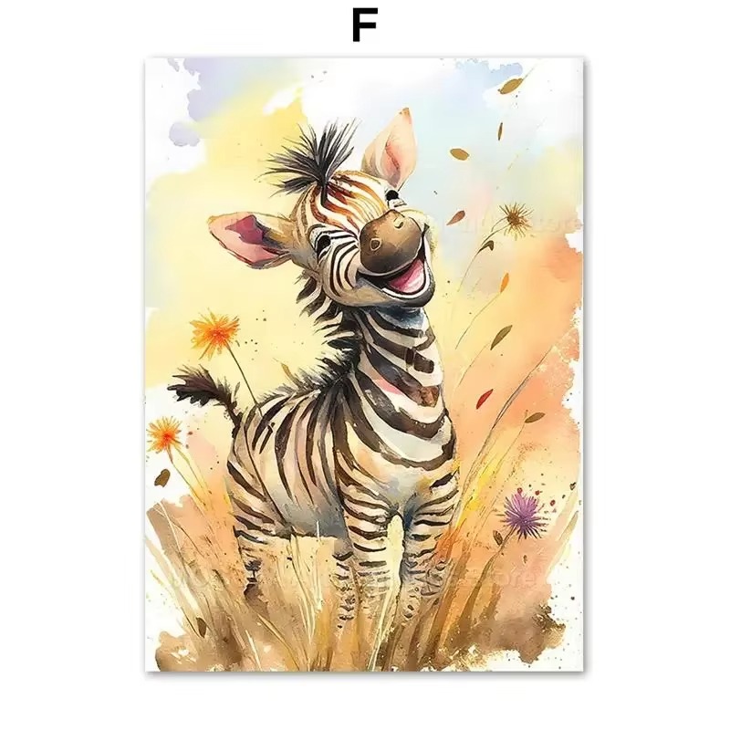 Baby Zebra Nursery - 水彩画ライオンキリン虎象ゼブラ保育園壁アートキャンバス絵画動物ポスタープリント写真ベビーキッズルームデコレーション