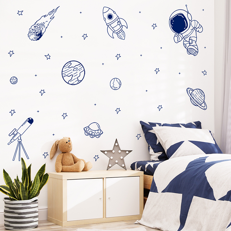 Baby Nursery Vinyl - 漫画宇宙宇宙飛行士惑星ロケットウォールステッカー自己粘着子供部屋用男の子の寝室保育園の壁の装飾