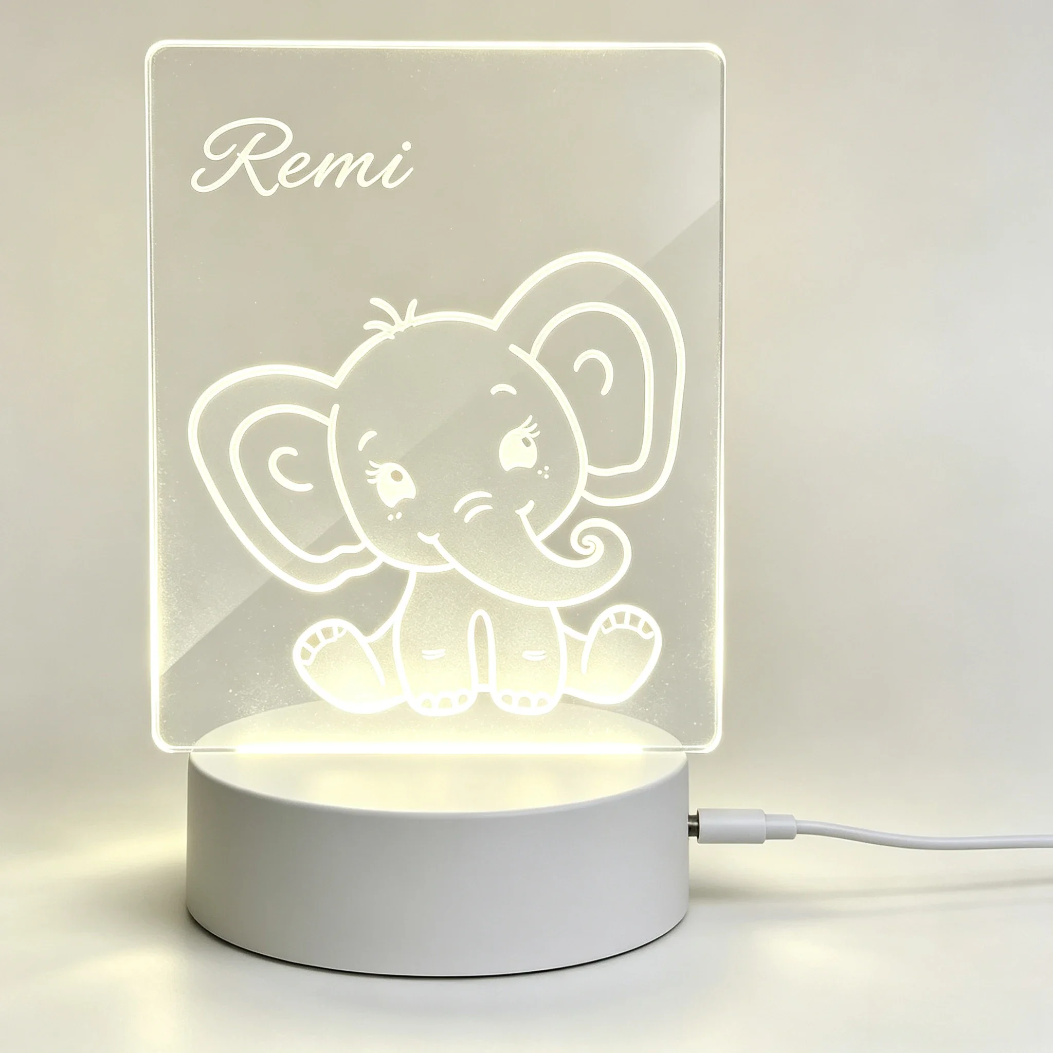 Baby Nursery Night Light - カスタムネーム入りキュートな赤ちゃん象のシルエットアクリルナイトライト USB給電式LEDナーサリースリープランプ