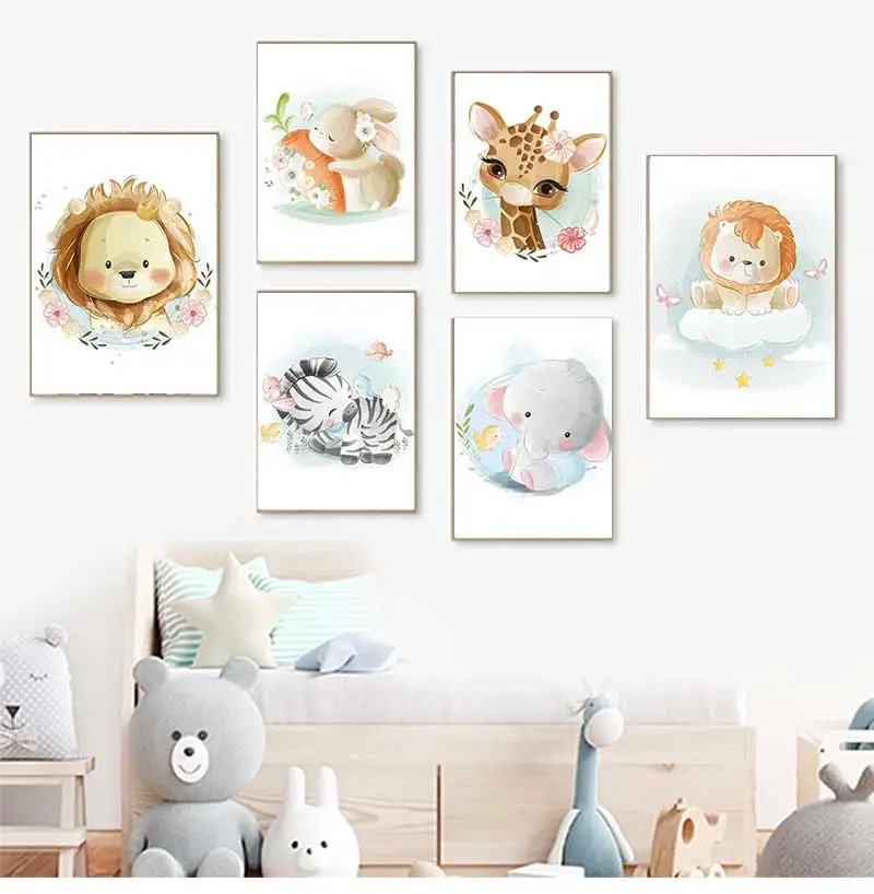 Baby Zebra Nursery - かわいいキリン、ライオン、キツネ、ウサギ、シマウマのウォールアートキャンバス絵画、北欧風ポスターとプリント、保育園の壁の絵、赤ちゃん子供部屋の装飾