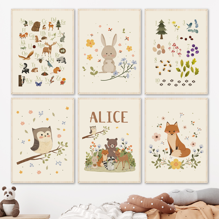 Baby Nursery Prints - 1枚入りフレームレス可愛いウサギキツネフクロウクマアルファベット数字保育園壁掛けアートキャンバス絵画動物ポスターとプリント絵画ベビーK