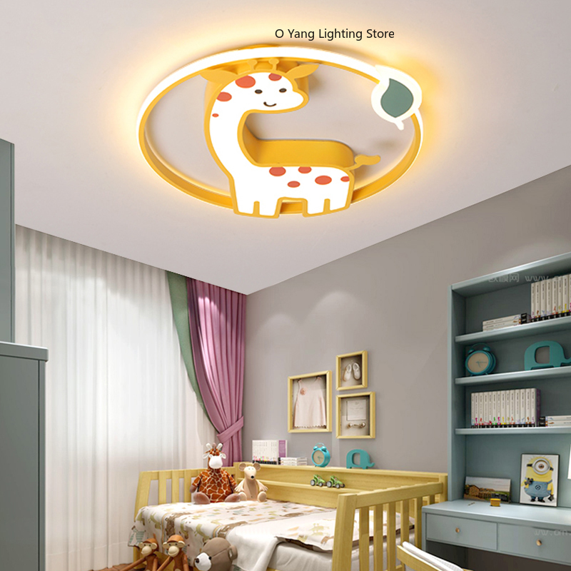 Baby Nursery Ceiling Light - デザイナー Led シーリングライト女の子の寝室のシャンデリア子供男の子の部屋の装飾かわいいキリン天井ランプ Plafon RC 調光可能